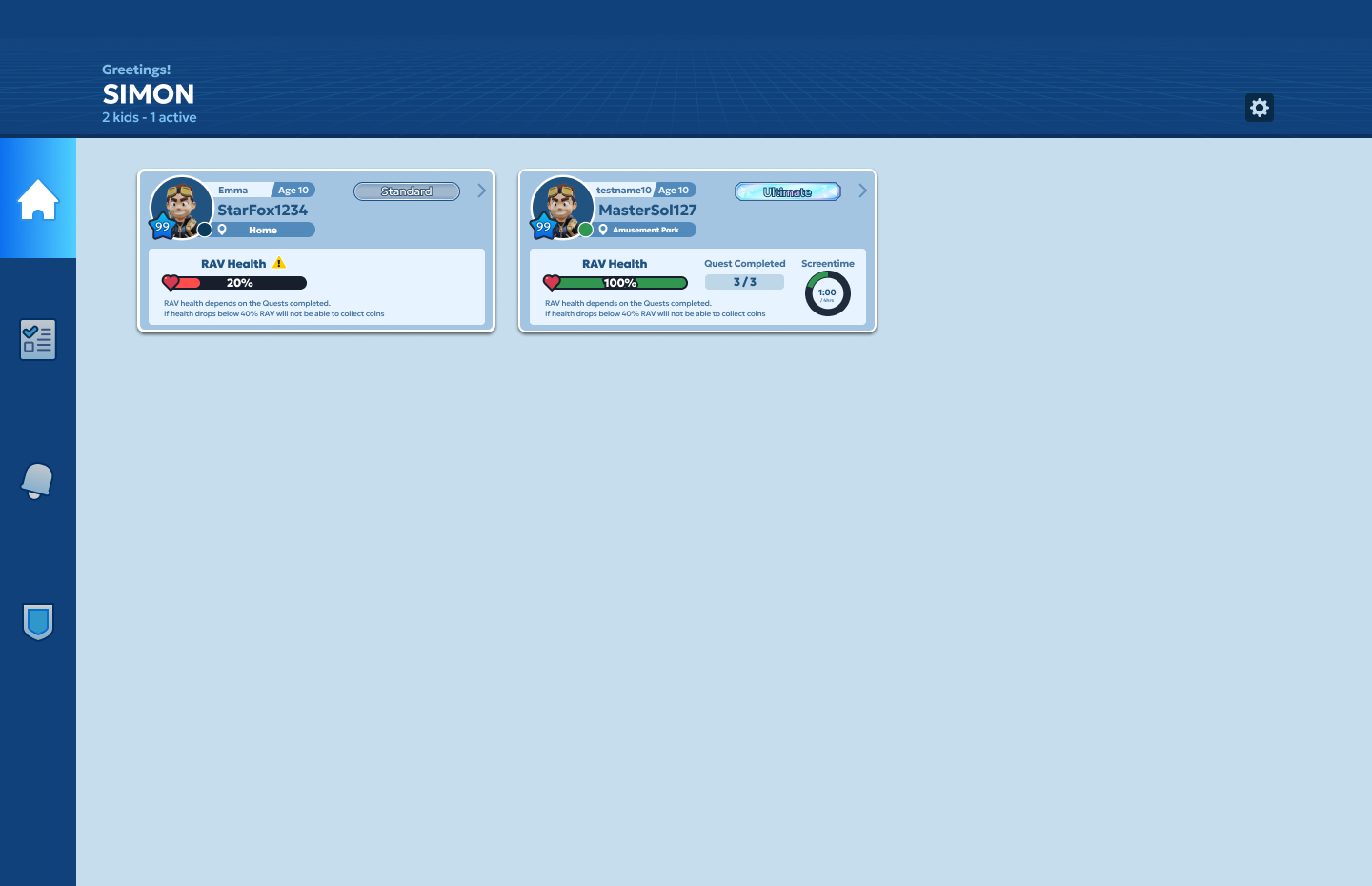 Ravia dashboard overview showing child profiles and RAV health